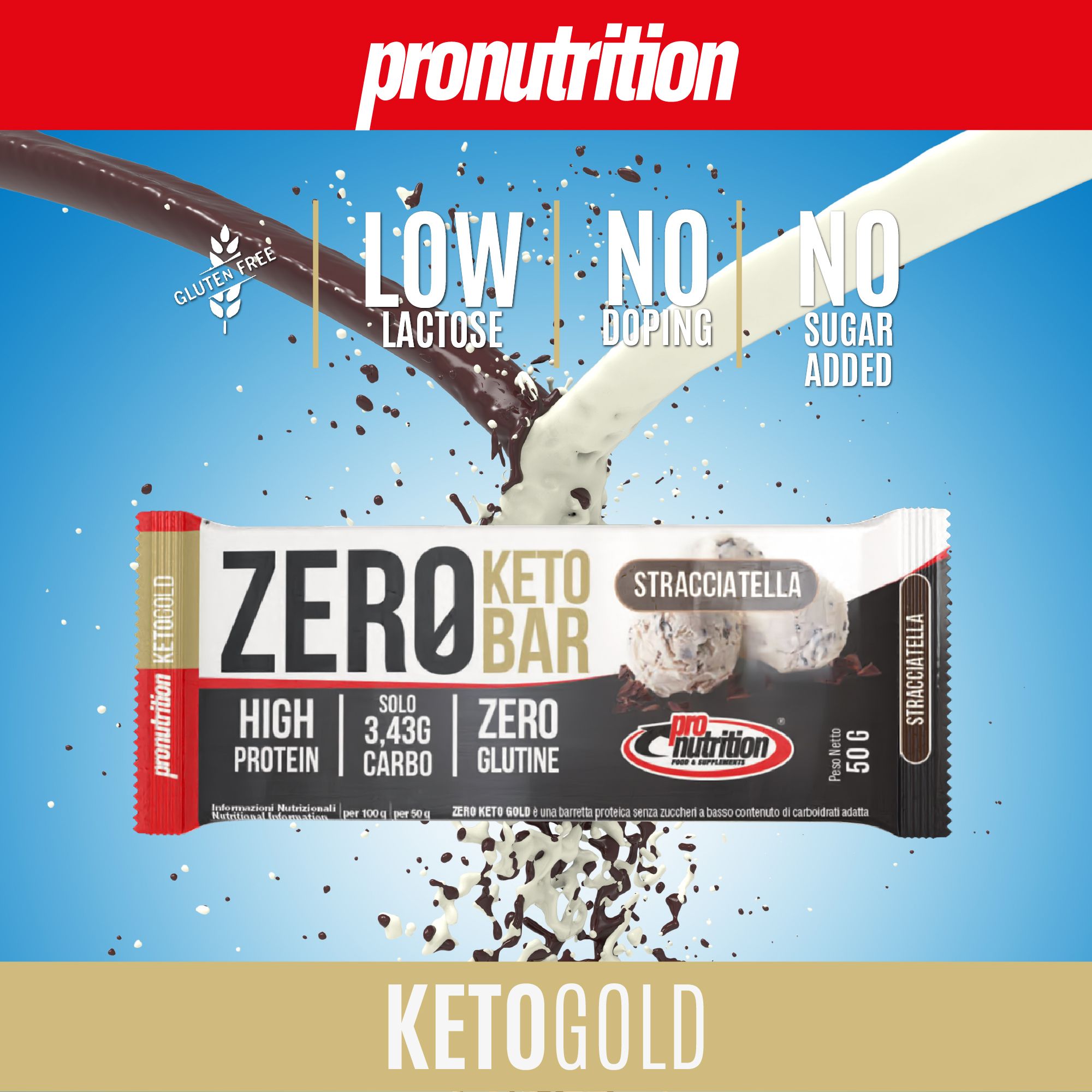 Barretta ZERO KETO BAR gusto Stracciatella. Scritta: High Protein, 3,43g Carbo, Zero Glutine.