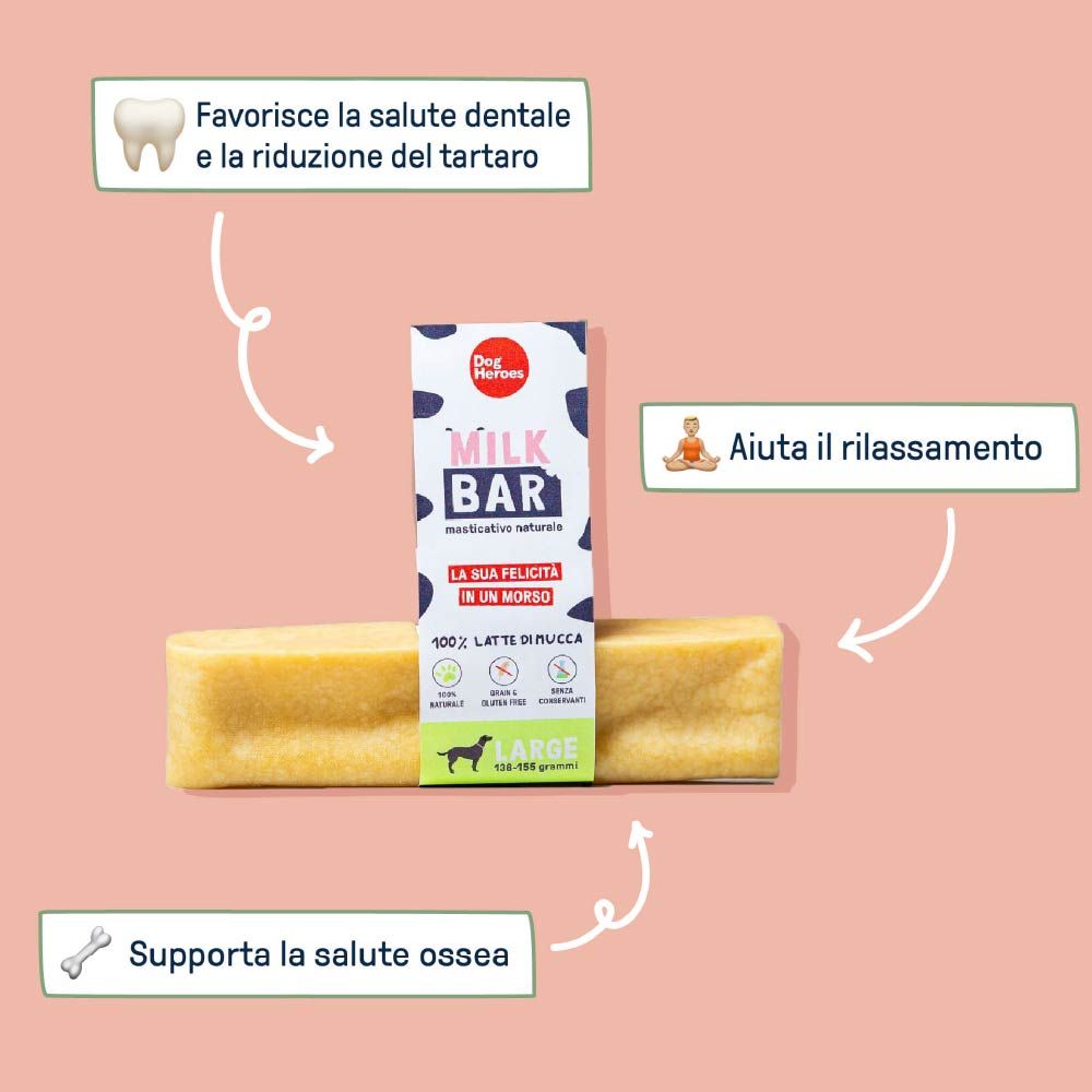 Milk Bar per cani con confezione. La confezione mostra il logo "Dog Heroes" e testo. La barretta è gialla e rettangolare.