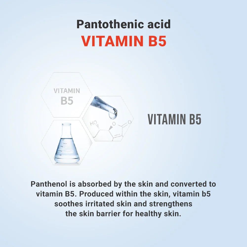 Grafico: Acido pantotenico (Vitamina B5). Struttura chimica, flacone, testo sull'effetto sulla pelle.