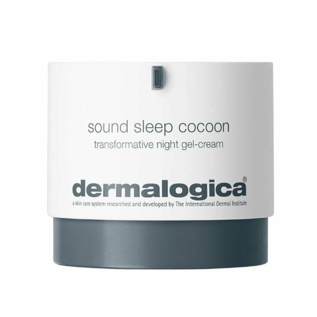 Barattolo cilindrico bianco e grigio. Scritta: sound sleep cocoon, Dermalogica.