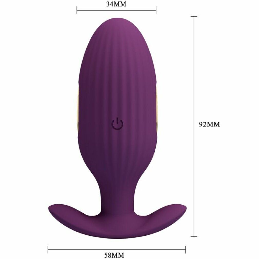 Plug anale viola, superficie scanalata. Dimensioni: 92mm x 58mm x 34mm.