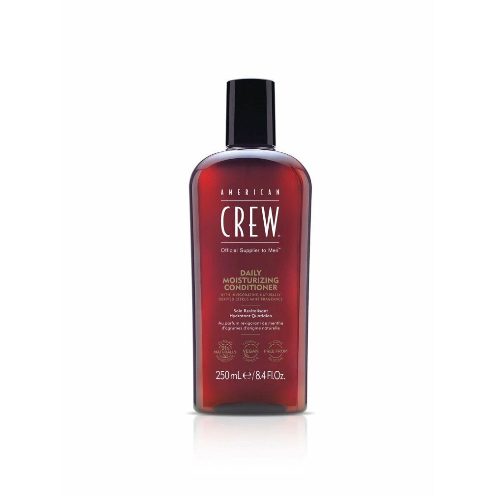 Flacone marrone con tappo nero. Scritta: American Crew, Daily Moisturizing Conditioner. 250ml/8.4 fl.oz.