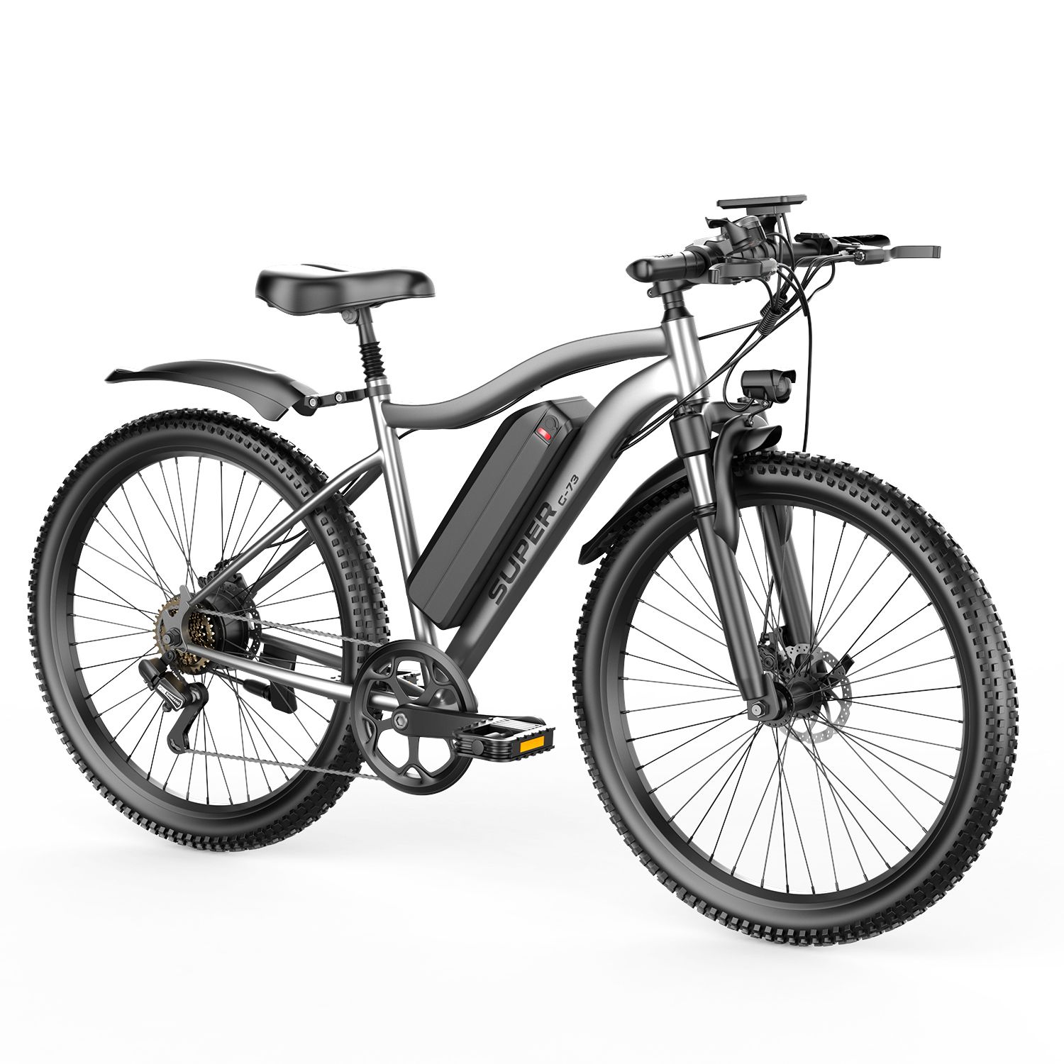 E-bike grigia con pneumatici e parafanghi neri. Batteria sul telaio. Scritta "SUPER G73".