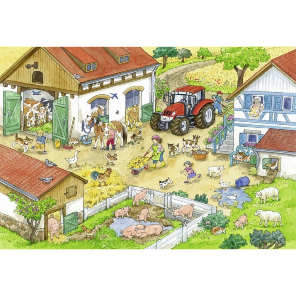 Illustrazione della fattoria con case, animali, trattore e persone. Scena all'aperto, atmosfera soleggiata.