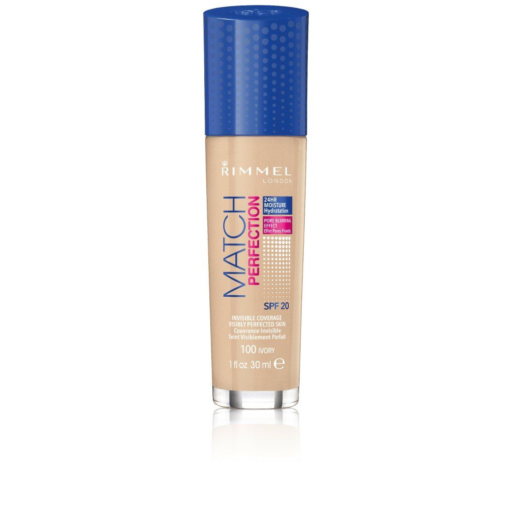 Flacone di fondotinta con tappo blu. Scritta: Rimmel London, Match Perfection, SPF 20, 100 Ivory. 30 ml.