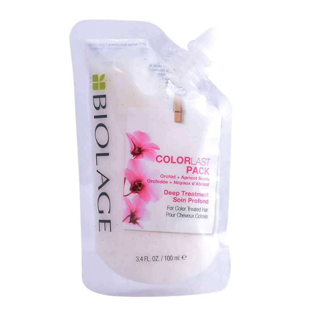 Biolage Colorlast Deep Treatment Pack. Bustina di prodotto, sfondo bianco. Testo: Colorlast Pack, Deep Treatment, 3.4 fl. oz. / 100 ml.