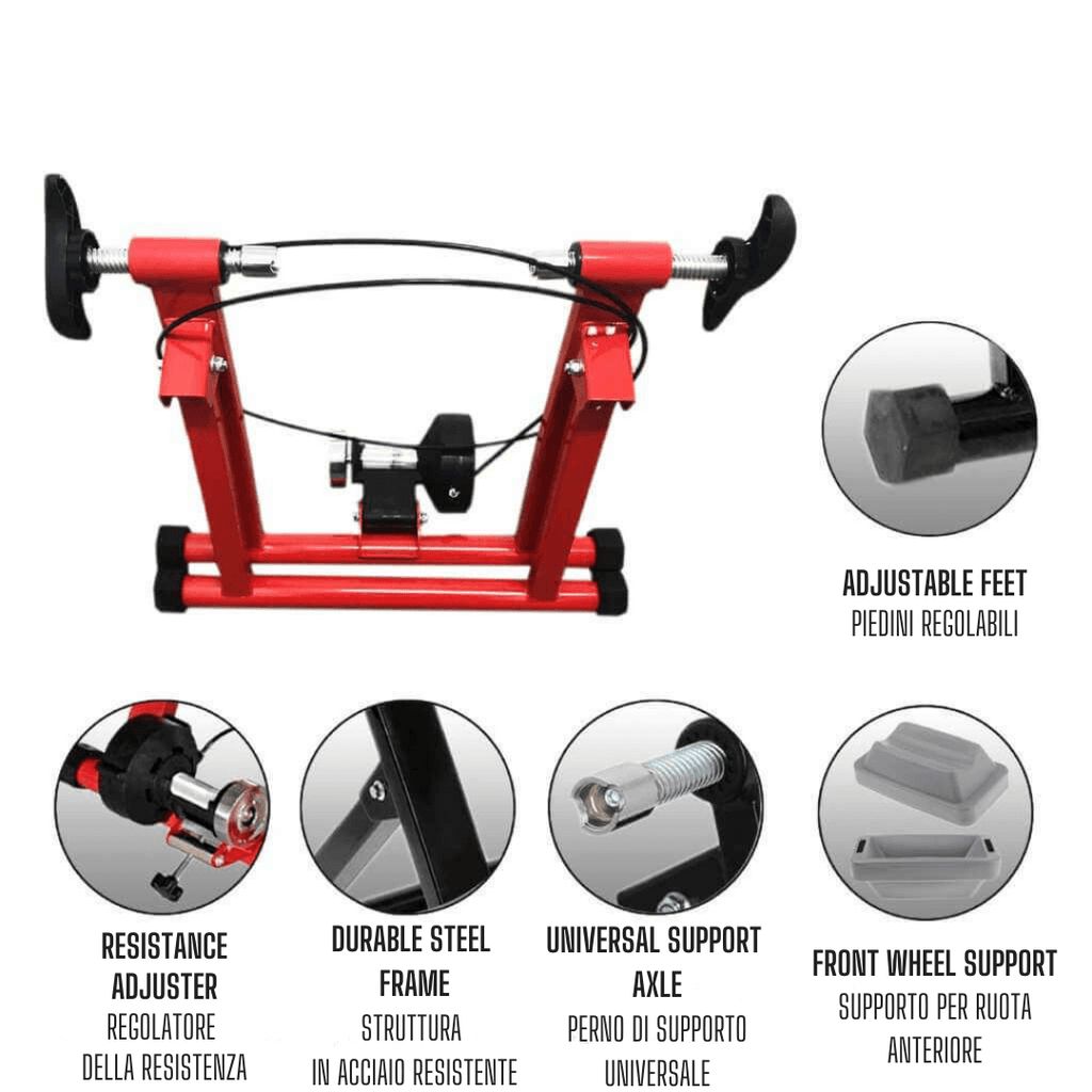 Rullo per bici rosso con caratteristiche evidenziate: regolatore di resistenza, telaio in acciaio, perno di supporto universale, piedini regolabili.