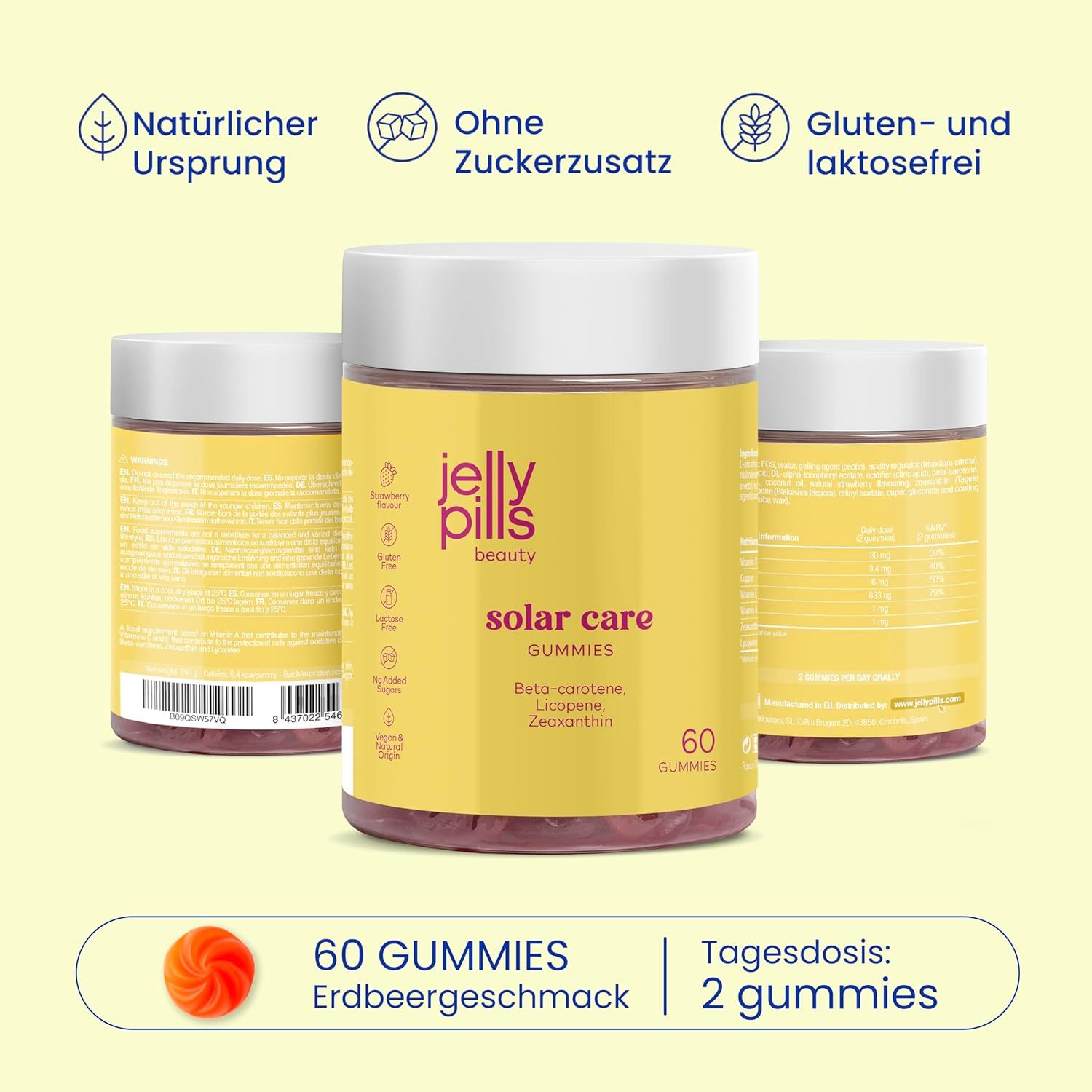 Tre barattoli di Jelly Pills Solar Care Gummies. Scritta: Senza zucchero, senza glutine, senza lattosio. 60 caramelle gommose, gusto fragola.