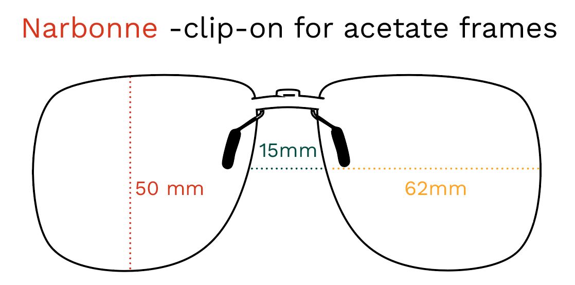 Schizzo del clip-on Narbonne. Misure: 50mm, 62mm, 15mm. Per montature in acetato.