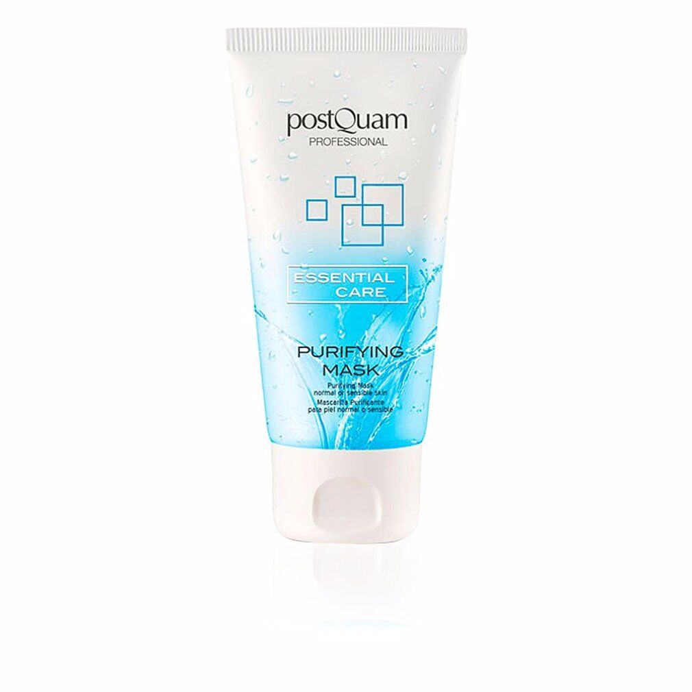 Tubo bianco con design blu. Scritta: Postquam Professional, Essential Care, Purifying Mask. Prodotto per la cura del viso.