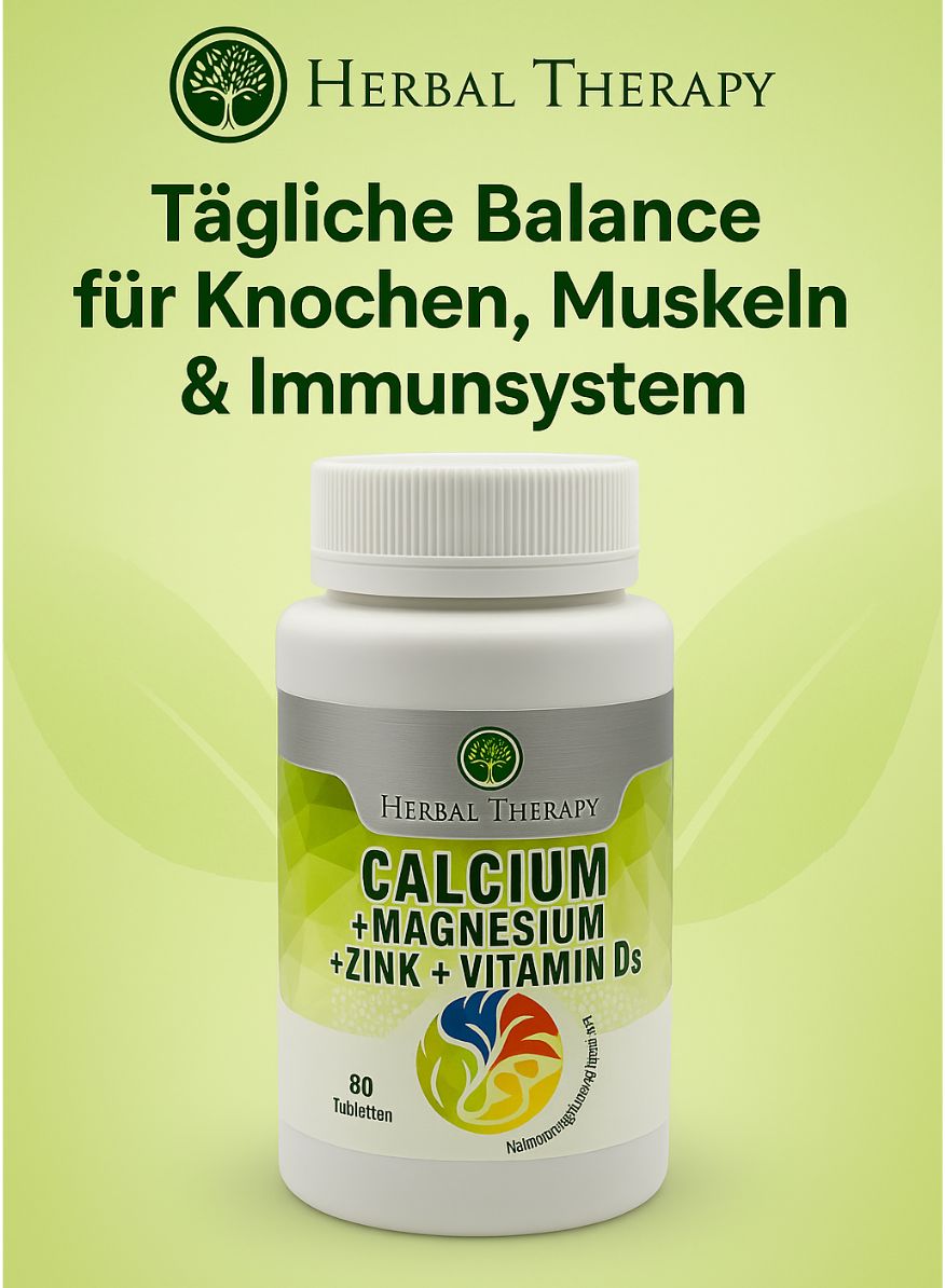 Flacone di compresse con tappo a vite. Scritta: Calcium + Magnesium + Zinco + Vitamina D3. 80 compresse. Sfondo verde.
