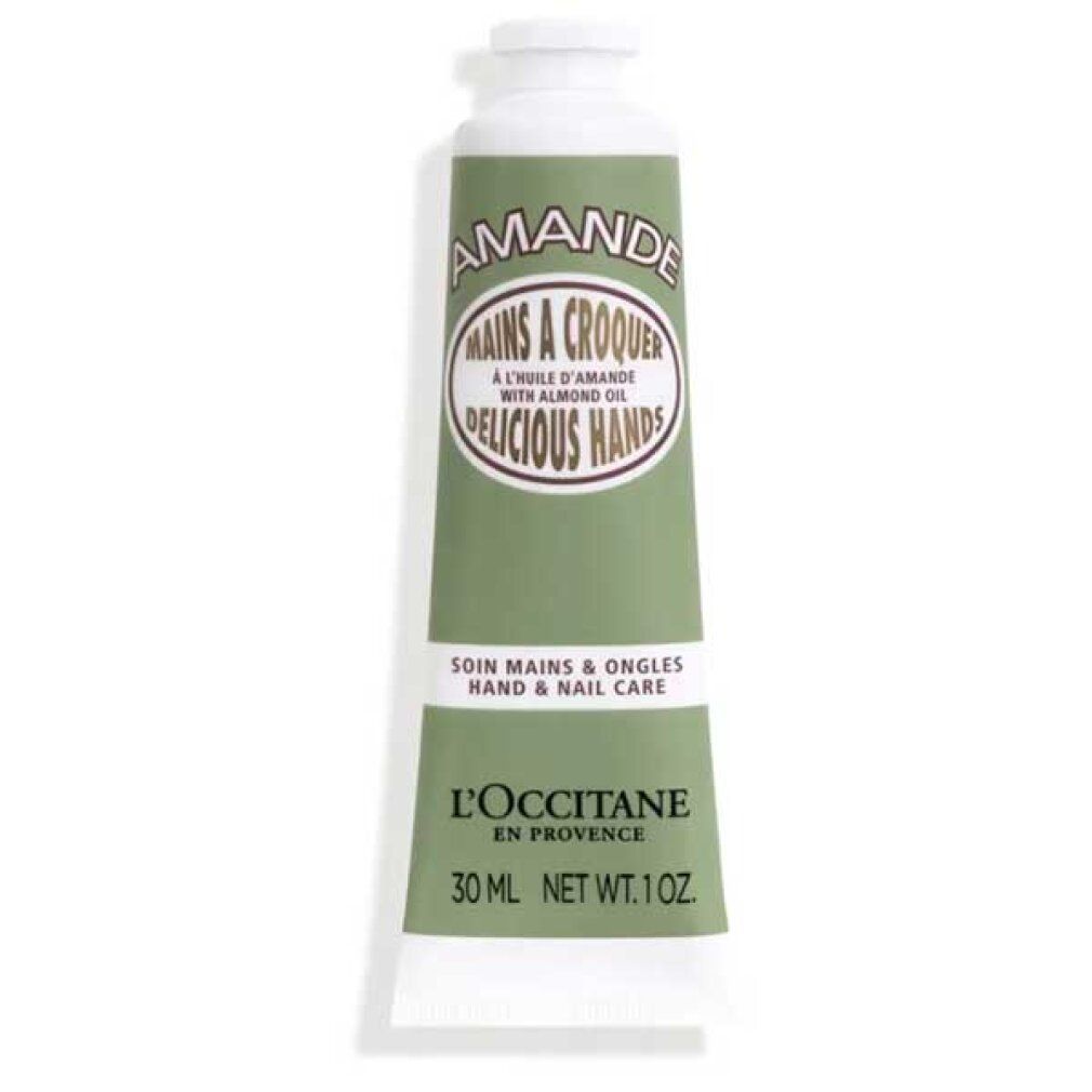 Tubo verde con tappo bianco. Scritta: Amande, Mains a Croquer, Delicious Hands. Marchio: L'Occitane. 30 ml.