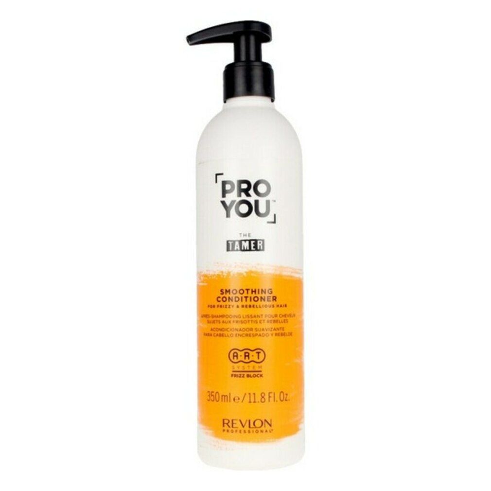 Flacone bianco con erogatore nero. Scritta: PRO YOU THE TAMER. Striscia arancione con testo. Revlon Professional.
