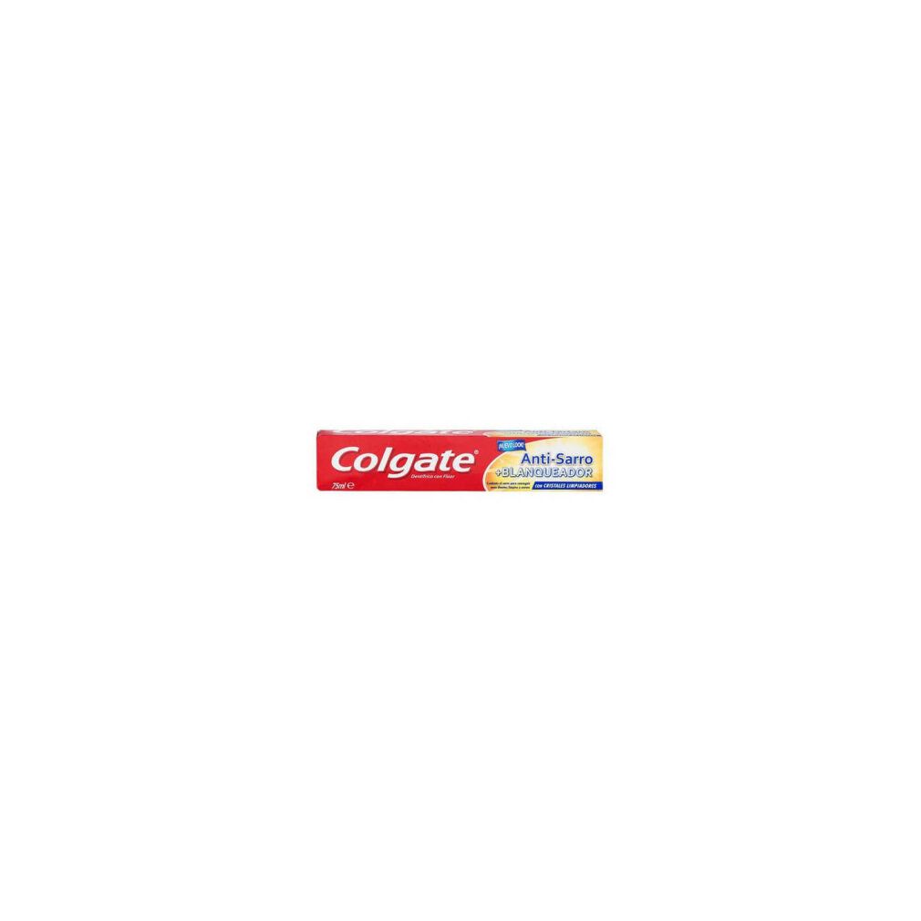 Tubo di dentifricio rosso Colgate, testo: Anti-Sarro + Blanqueadores. 75 ml.