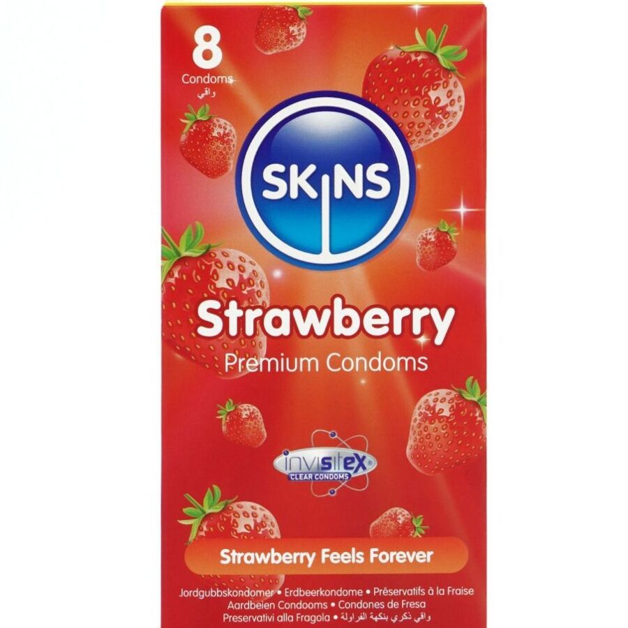 Confezione da 8 preservativi Skins Fragola. Scatola rossa con disegni di fragole.