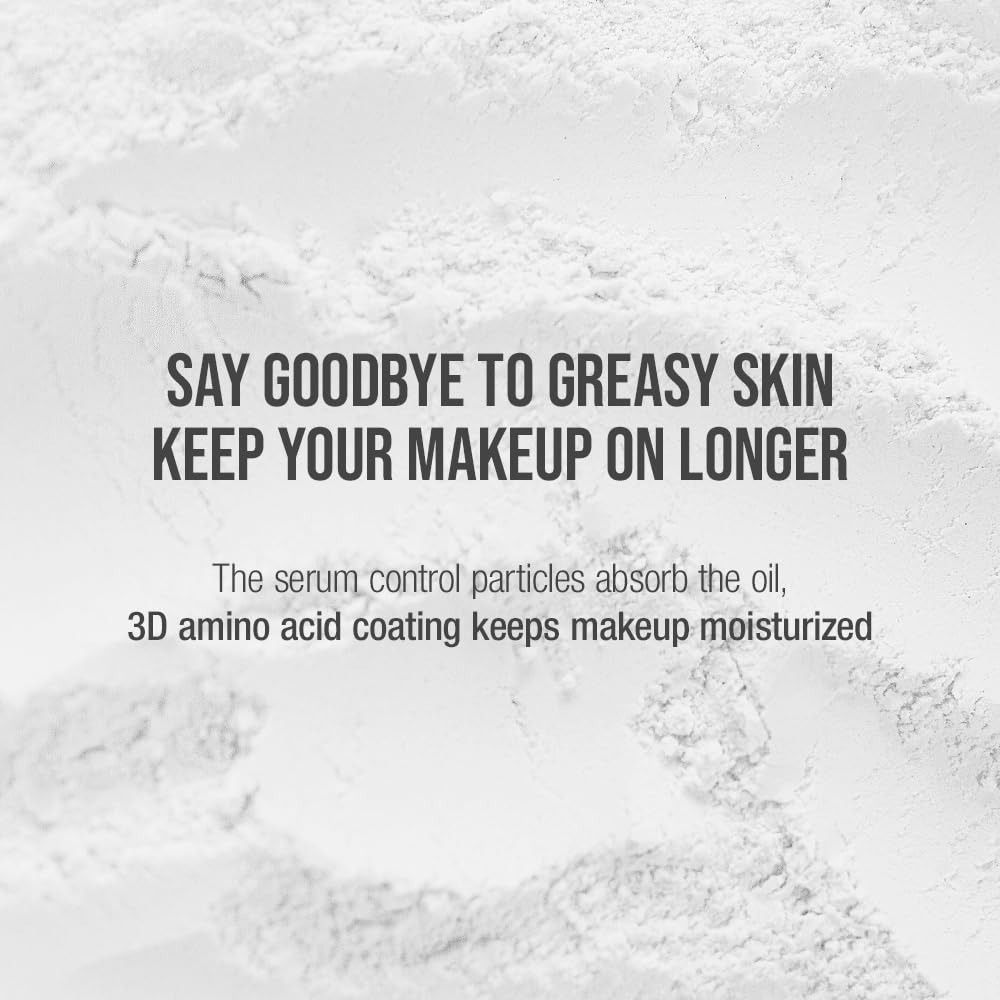 Testo su sfondo bianco: 'Say goodbye to greasy skin...' e informazioni sul prodotto.
