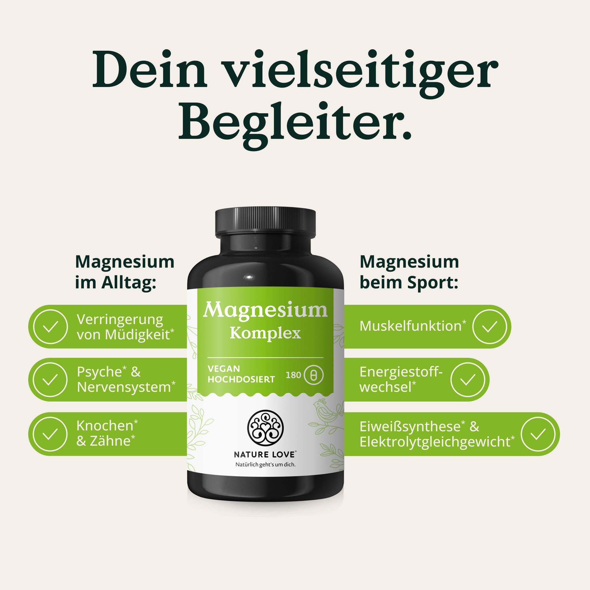 Flacone NATURE LOVE Magnesium Komplex. Testo: Il tuo compagno versatile. Magnesio nella vita quotidiana e nello sport.