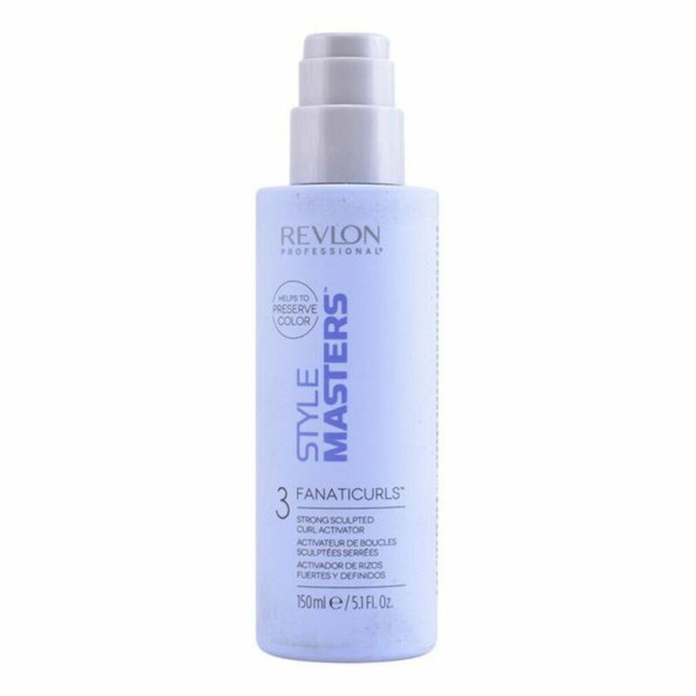 Flacone azzurro con dosatore. Scritta: Revlon Style Masters Fanaticurls. 150ml. Per capelli colorati.