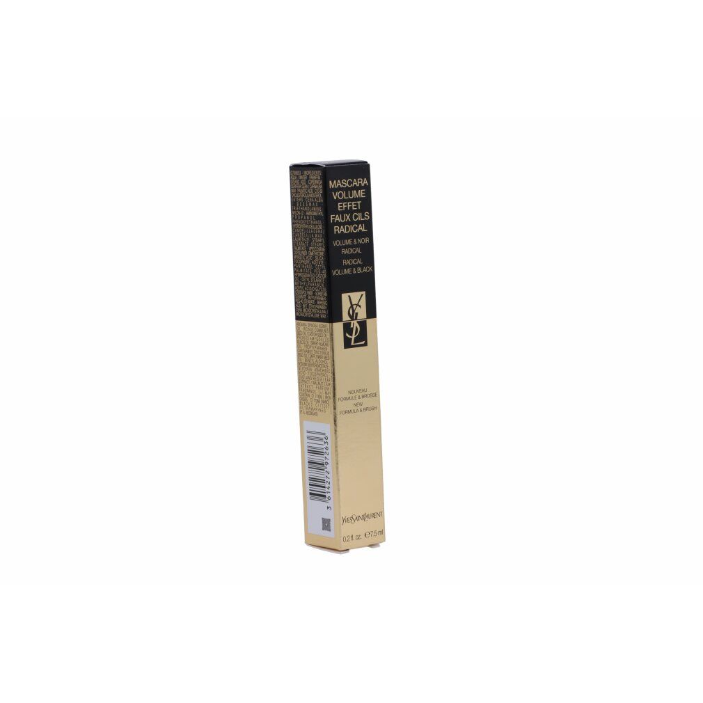 Scatola con informazioni sul prodotto. Dorata con coperchio nero. Logo YSL. Testo: Mascara Volume Effetto Ciglia Finte Radical.