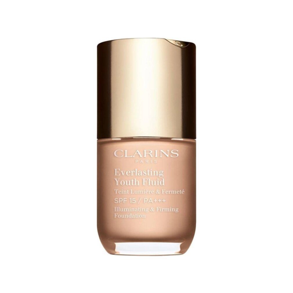 Clarins Everlasting Youth Fluid SPF 15. Flacone con tappo dorato e contenuto beige. Testo: Teint Lumière & Fermeté.