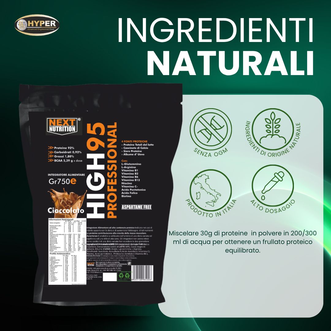 Busta nera con HIGH 95 PROFESSIONAL. Testo: Gr750e, Cioccolato, Aspartame Free. Ingredienti. Made in Italy.