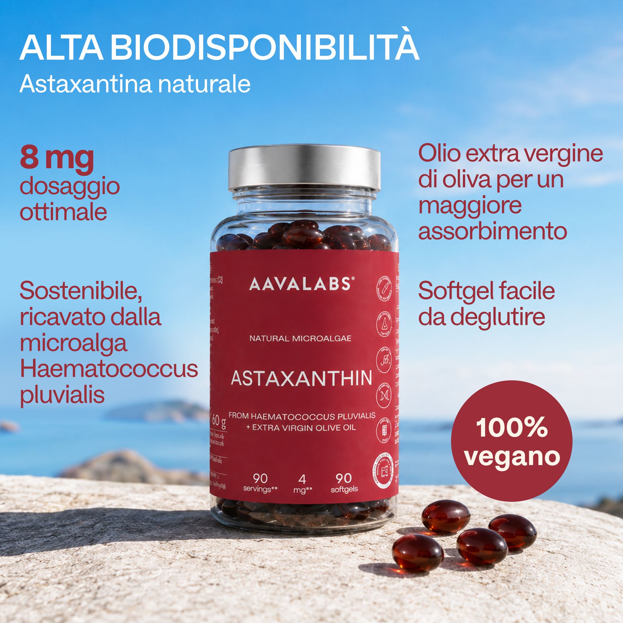Flacone Aavalabs Astaxanthin con informazioni nutrizionali.