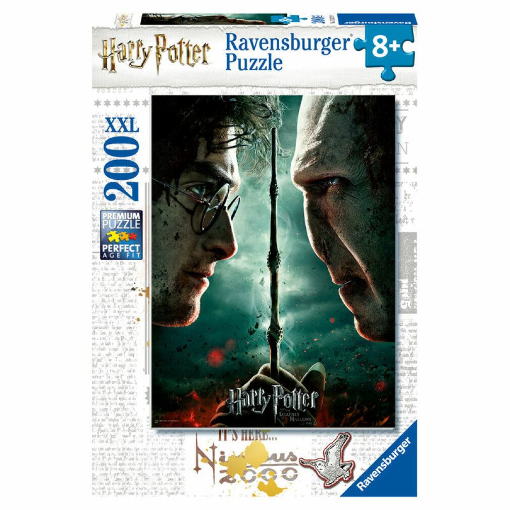 Scatola puzzle Harry Potter. Scritte: Harry Potter, Ravensburger, 8+, XXL 200 pezzi. Immagine di Harry e Voldemort.