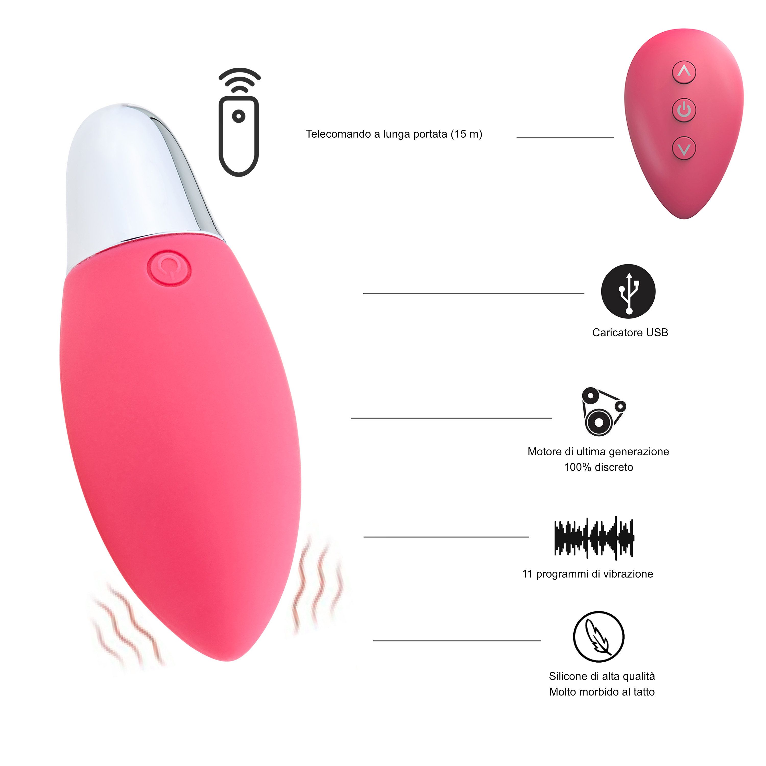 Uovo d'amore rosa con telecomando, caricatore USB, 11 programmi di vibrazione, silicone.