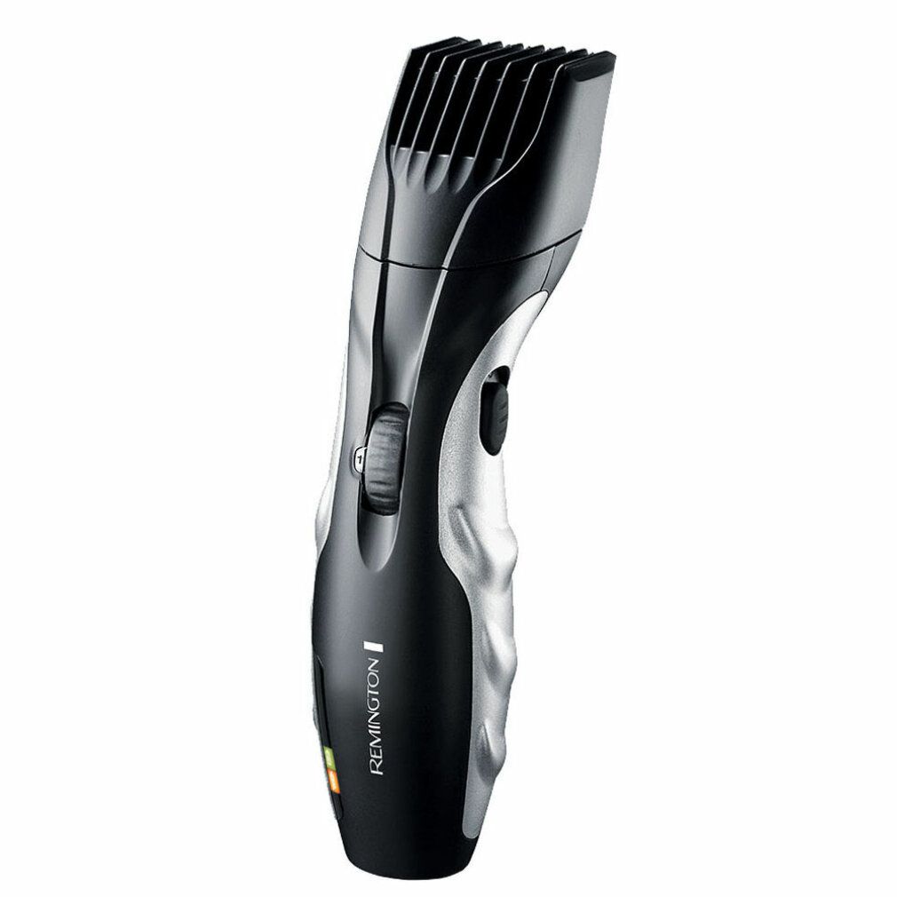 Tagliabarba nero-argento con pettine. Marchio Remington. Rotella di regolazione e interruttore.