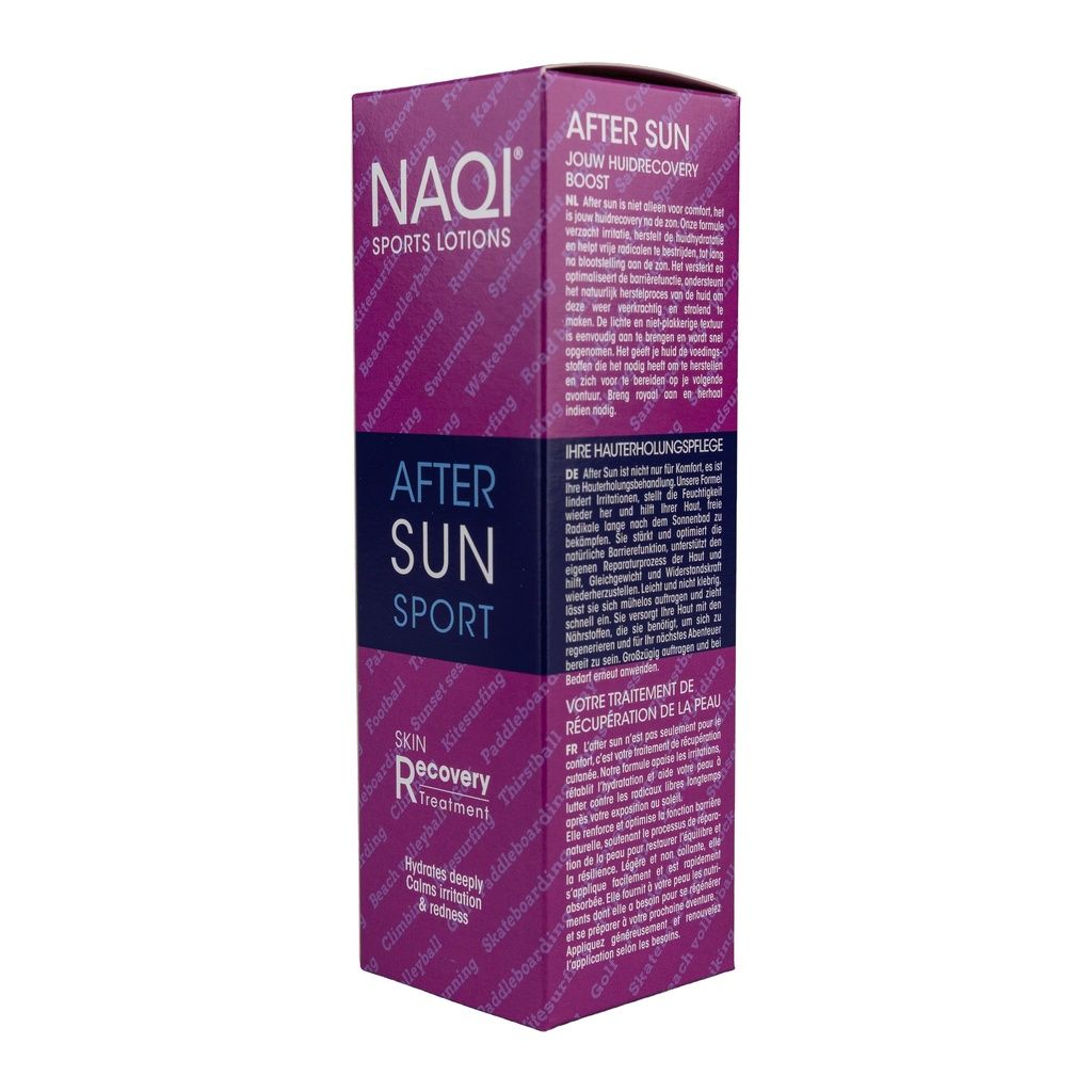 Lato della confezione in cartone NAQI After Sun Sport.