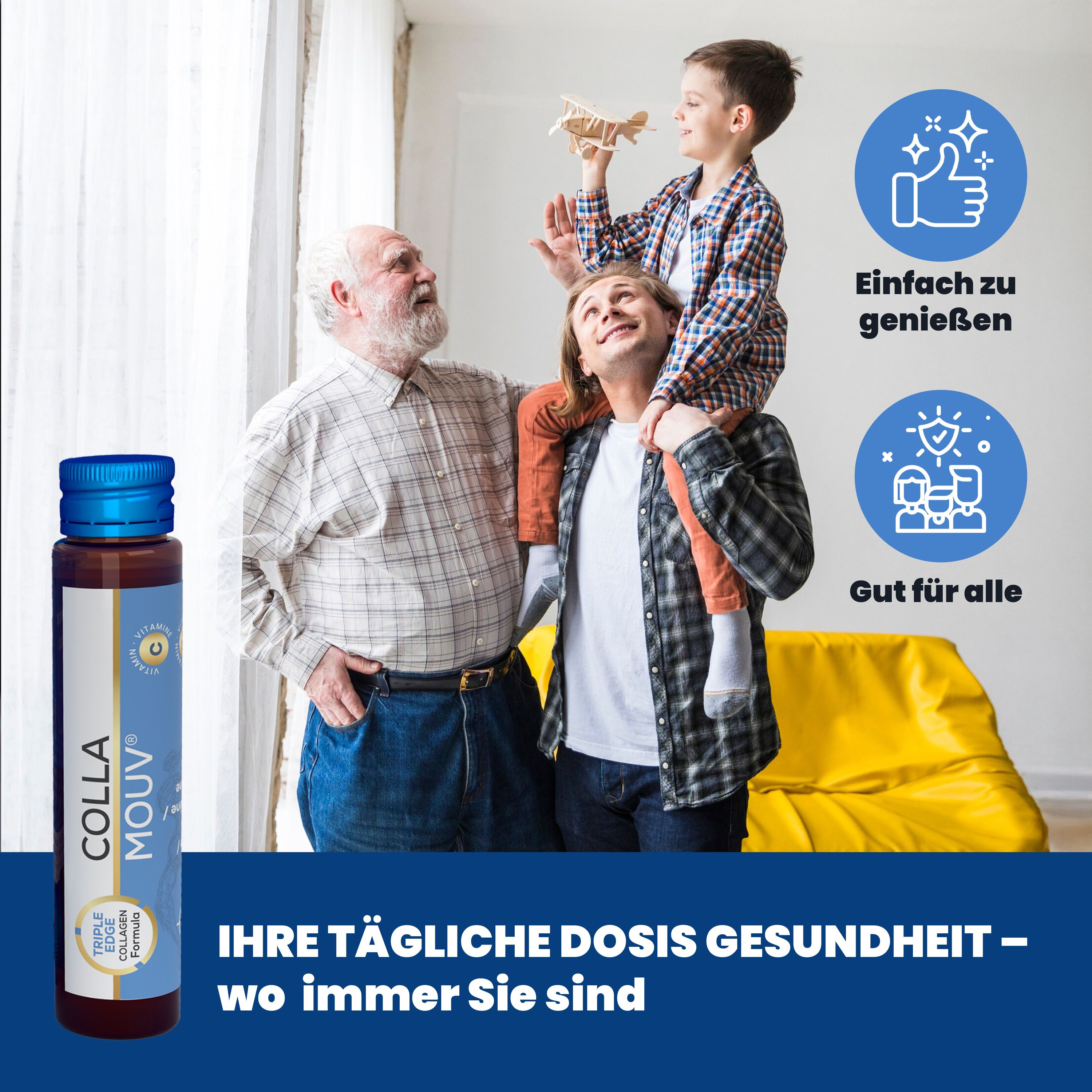 BHW Collamouv Original Kollagen: Famiglia si gode la vita, una bottiglia e icone per un facile utilizzo.