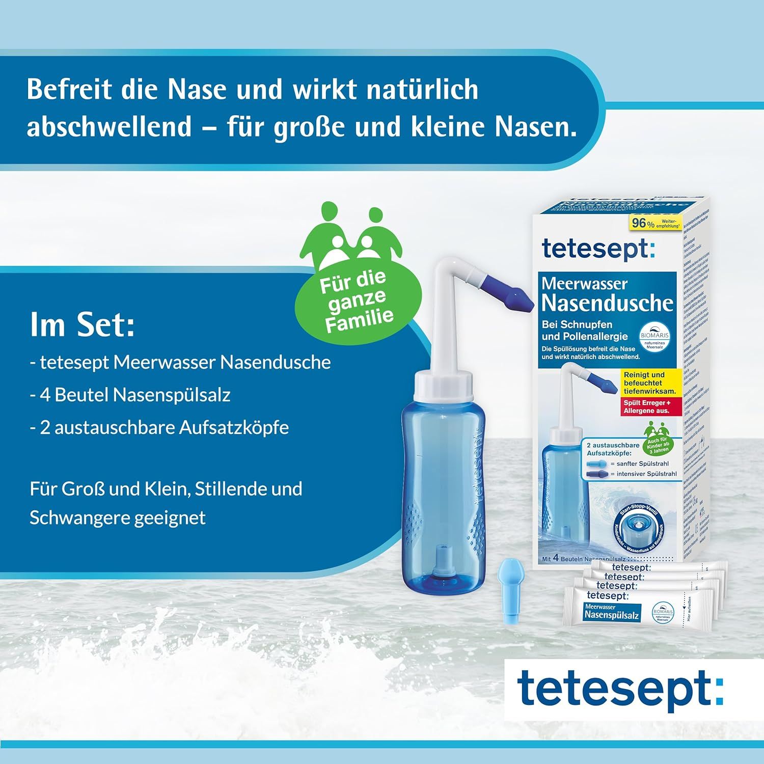 Doccia nasale blu con confezione. Testo: tetesept Meerwasser Nasendusche. Per tutta la famiglia.