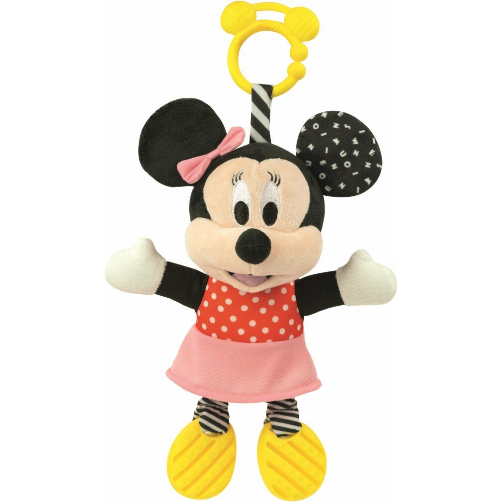 Peluche Minnie Mouse, vestito rosso a pois, piedi gialli, orecchie con motivi. Anello giallo per appendere.