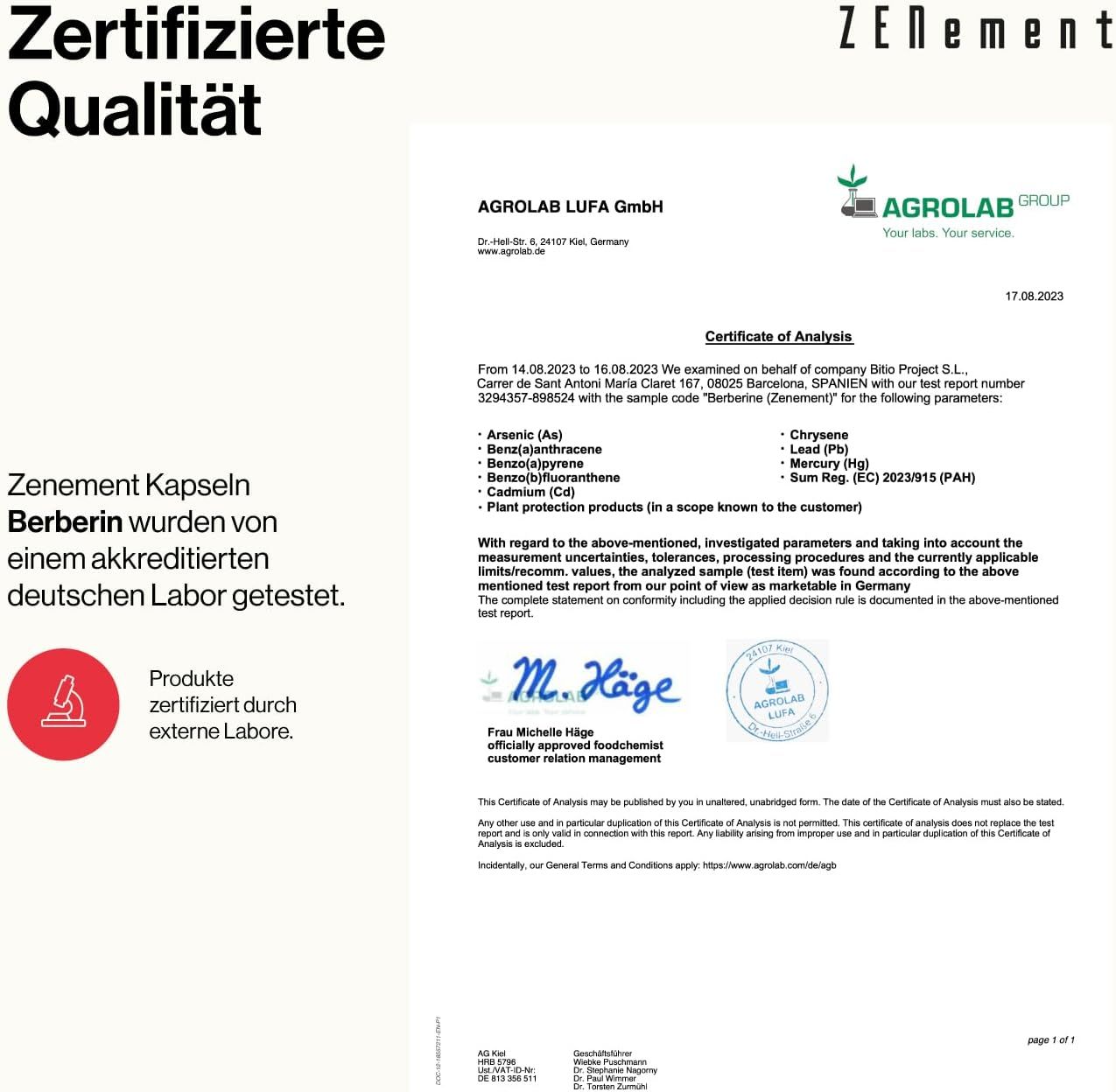 Documento di certificazione di Agrolab LUFA GmbH. Testo: Le capsule Zenement Berberina sono state testate da un laboratorio tedesco accreditato.