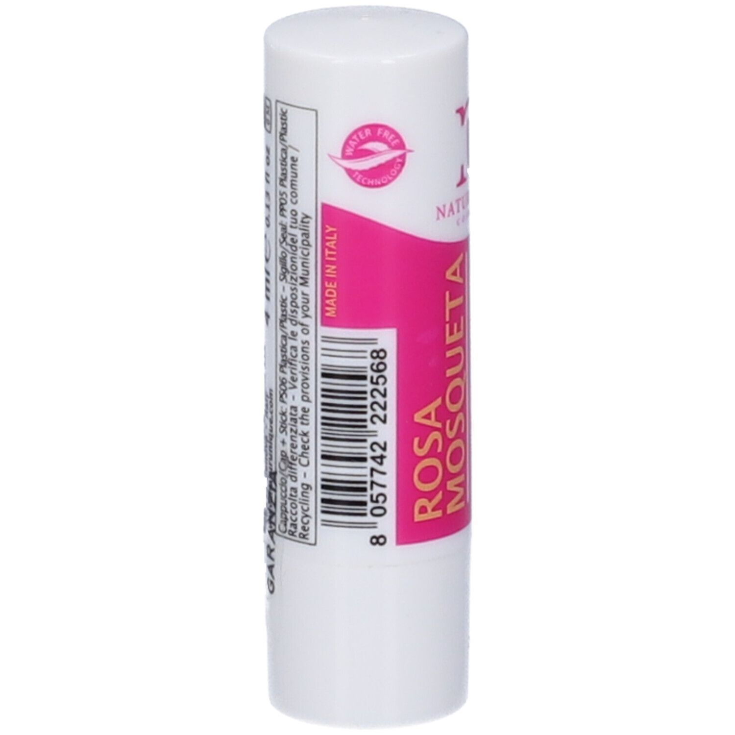 Stick labbra con etichetta rosa. Testo: Rosa Mosqueta. Codice a barre e testo: Made in Italy. Marchio: Natur Unique.