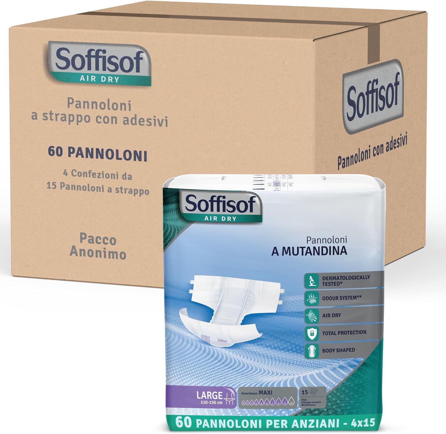 Pannoloni Soffisof Air Dry Maxi. Confezione e scatola. Scritto: 60 pezzi, Large, A Mutandina.