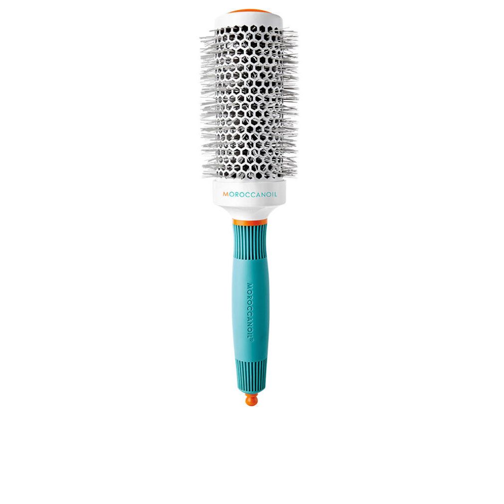Spazzola rotonda per capelli con manico turchese e dettagli arancioni. Fusto in ceramica bianca con setole argentate.