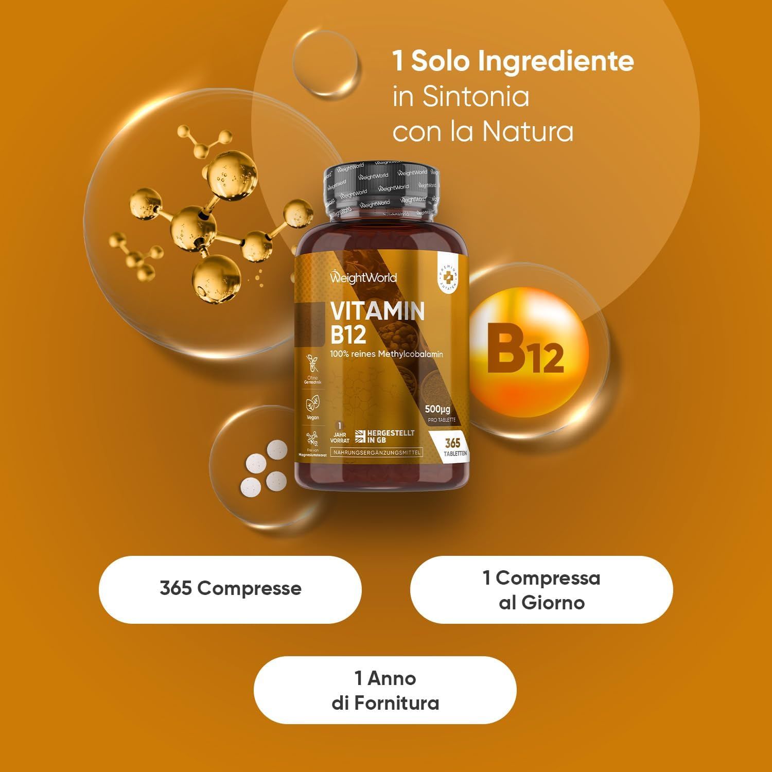 Flacone marrone di compresse di vitamina B12. Testo: WeightWorld, Vitamin B12, 500µg, 365 compresse. 1 anno di fornitura. 1 compressa al giorno.