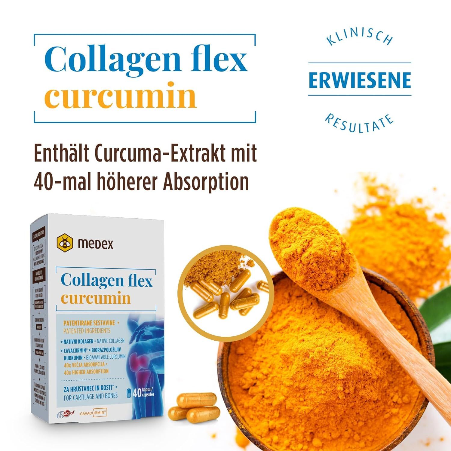 Confezione di Medex Collagen Flex Curcumin. Contiene capsule. Sfondo giallo con polvere di curcuma. Risultati clinicamente provati.