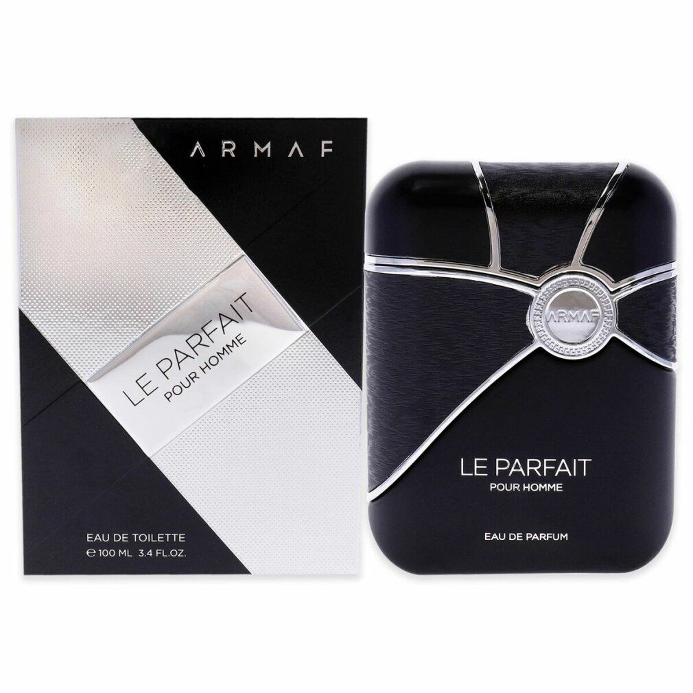 Flacone e confezione neri. Scritta: Armaf, Le Parfait Pour Homme, Eau de Parfum. Dettagli argentati.