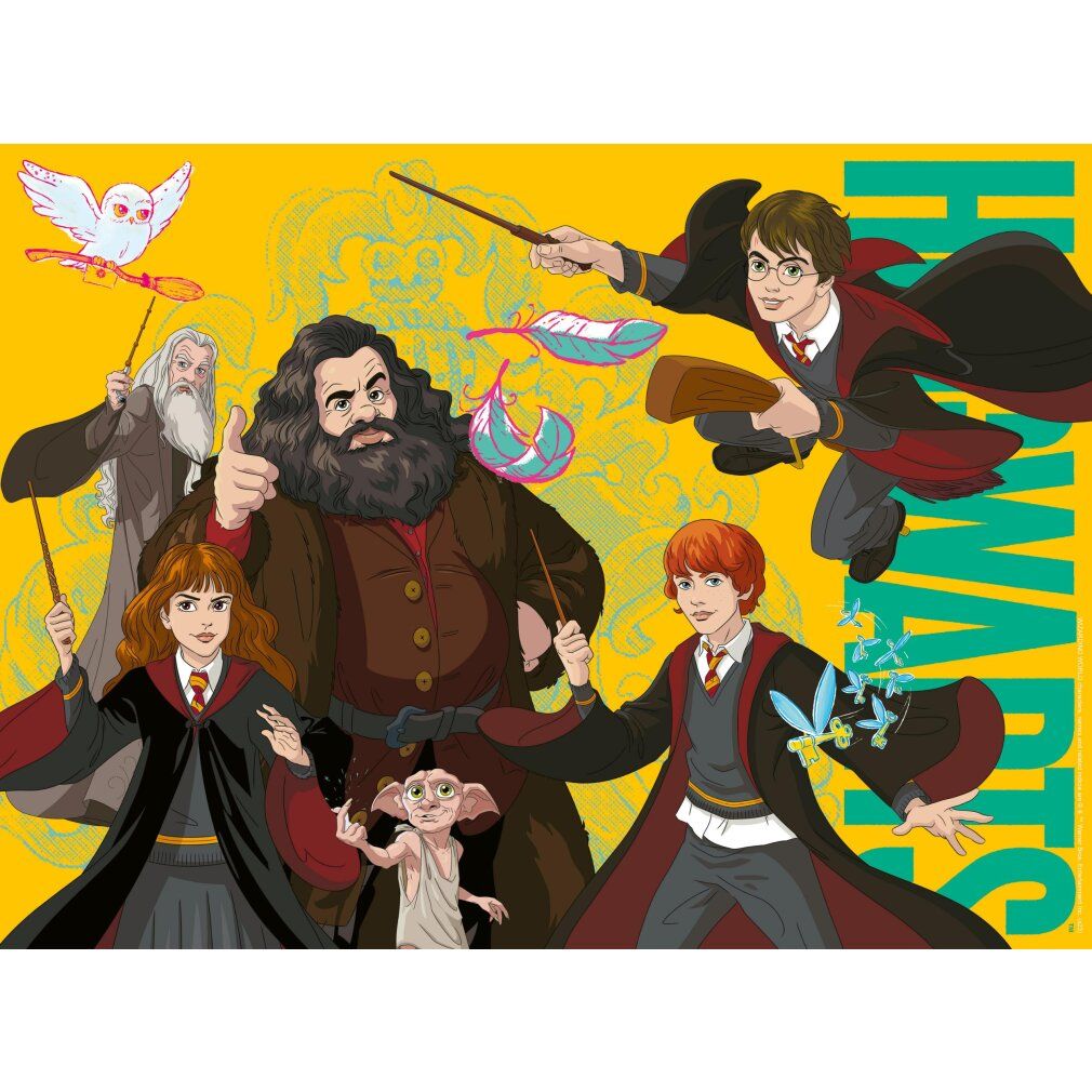 Puzzle con tema Harry Potter. Personaggi su sfondo giallo. Scritta Hogwarts. Personaggi con bacchette magiche.