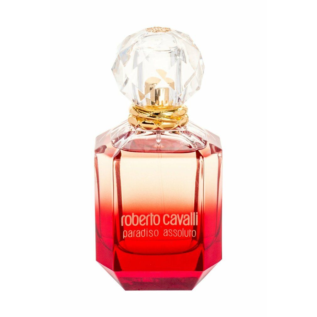 Flacone di profumo ottagonale con liquido rosso, tappo di cristallo. Scritta: Roberto Cavalli Paradiso Assoluto.