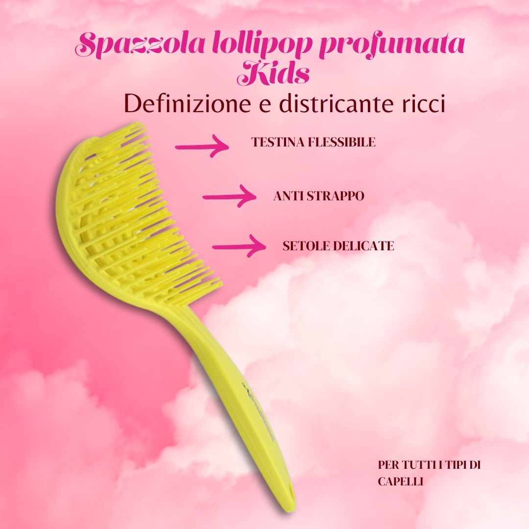 Spazzola gialla con testo: Spazzola lollipop profumata Kids. Testo: Definizione e districante ricci.