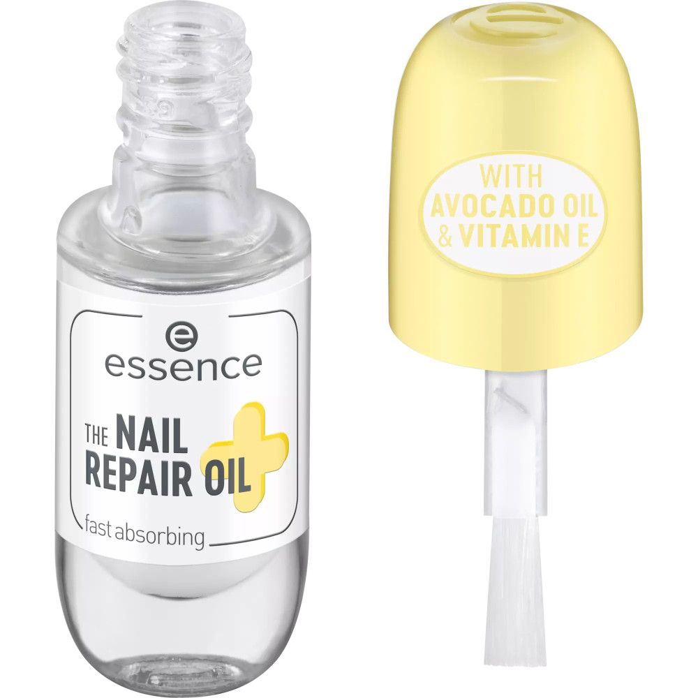 Flacone trasparente con etichetta bianca e tappo giallo. L'etichetta riporta "essence THE NAIL REPAIR OIL".