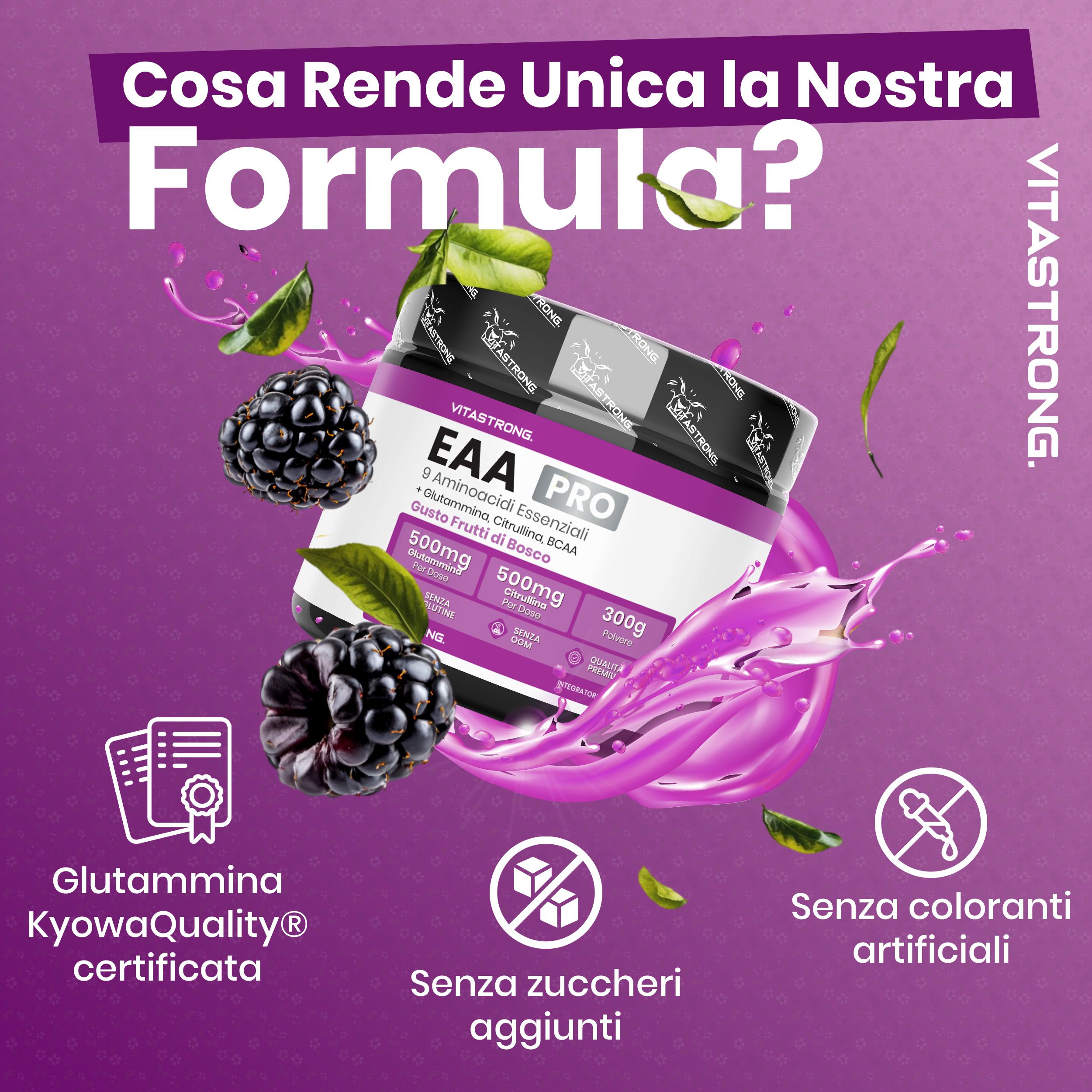 Vitastrong EAA Pro, barattolo. More e testo: Glutammina, senza zuccheri, senza coloranti. Certificato.
