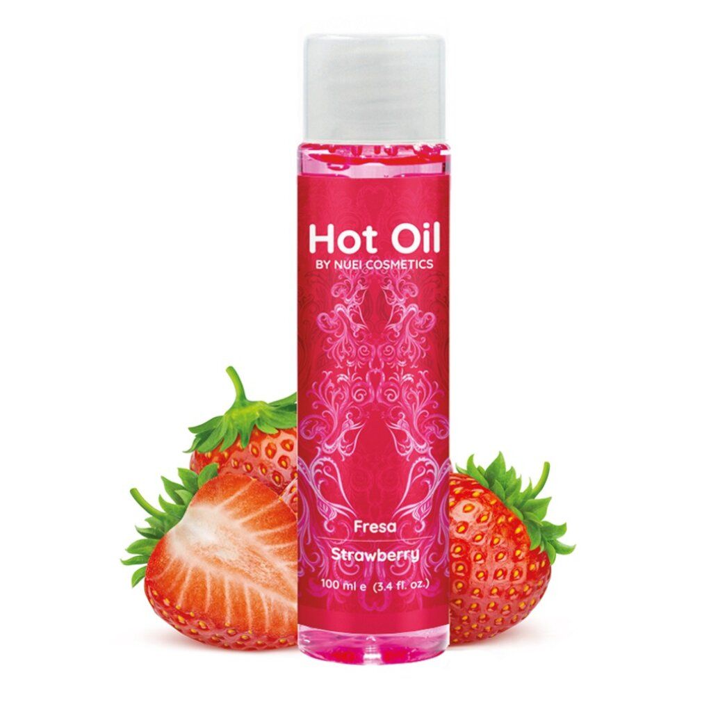 Flacone rosso con tappo bianco. Scritta: Hot Oil, BY NUEI COSMETICS, Fresa Strawberry. 100 ml. Fragole.