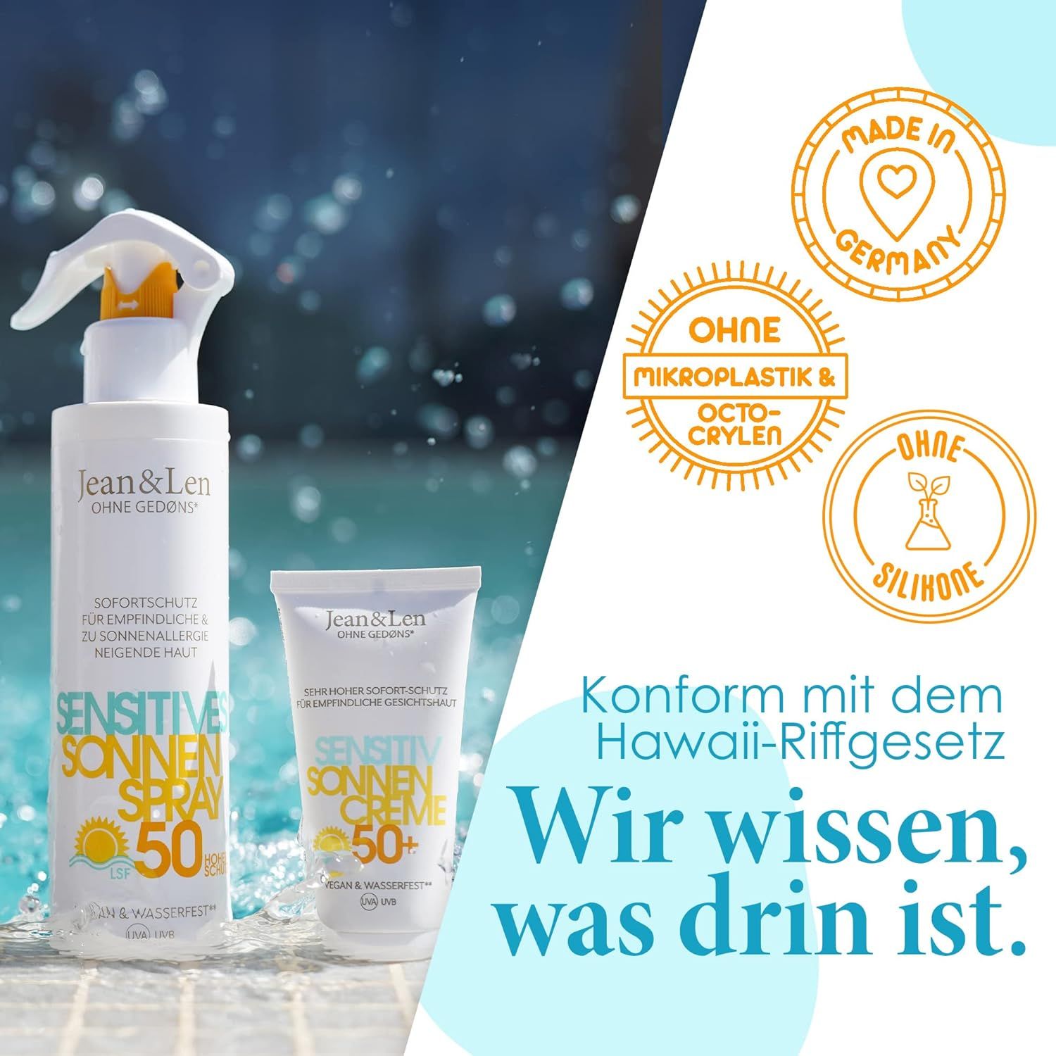 Due prodotti: crema solare e spray. Sigilli: Senza microplastiche, senza siliconi, Made in Germany. Legge sulle barriere coralline delle Hawaii.