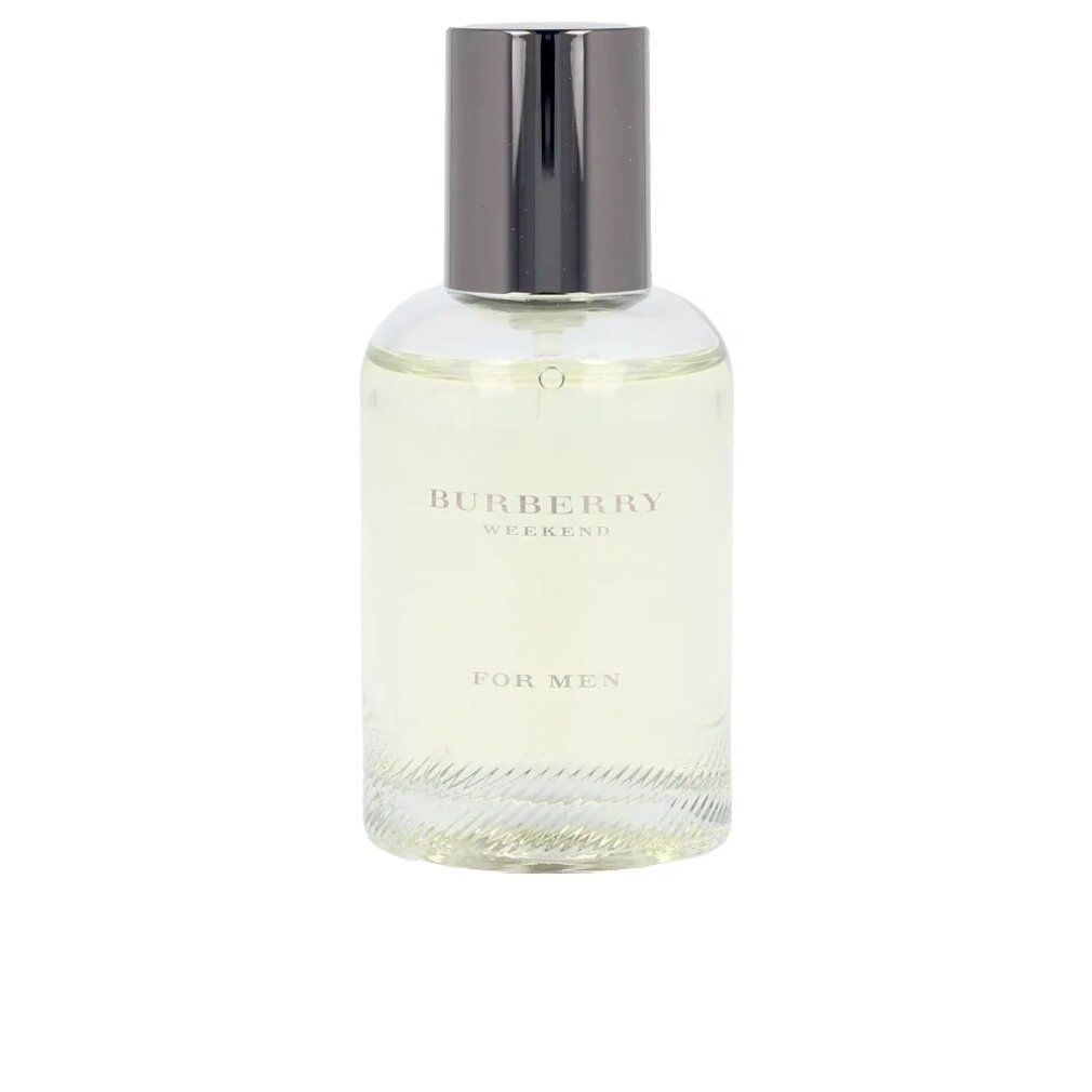 Burberry Weekend Eau de Toilette per uomo. Flacone in vetro con tappo argentato. Scritta: Burberry Weekend For Men.