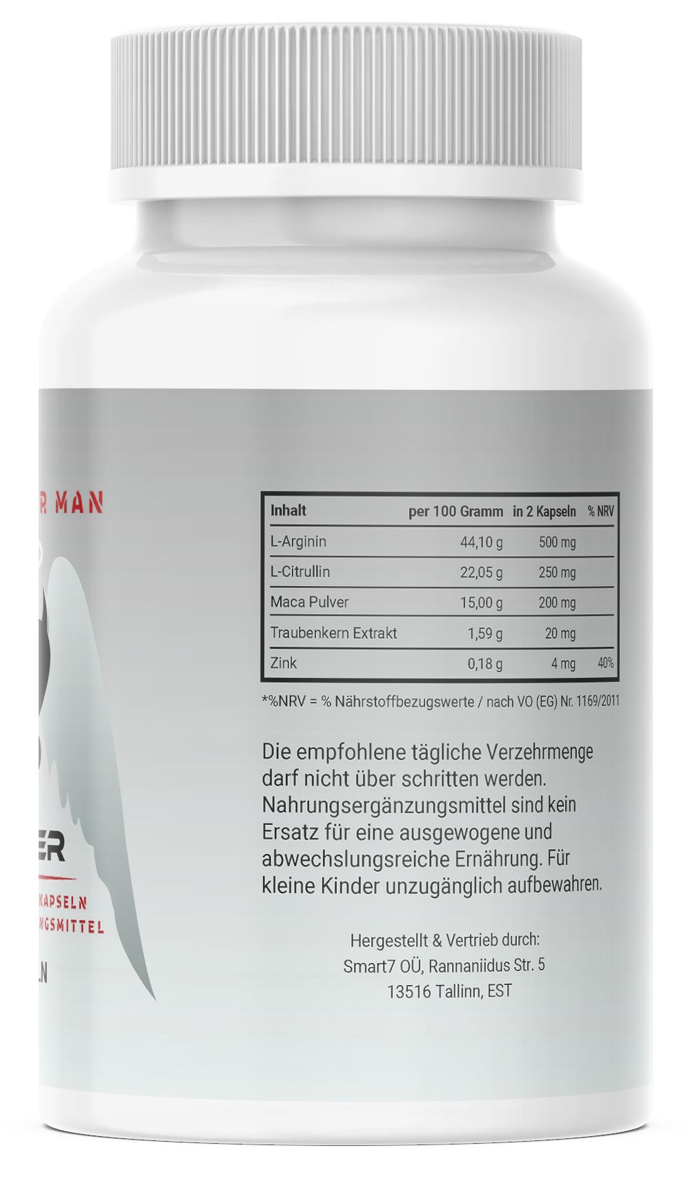 Retro di un flacone bianco di capsule. Contiene informazioni nutrizionali per L-Arginina, L-Citrullina, polvere di maca, estratto di semi d'uva e zinco.