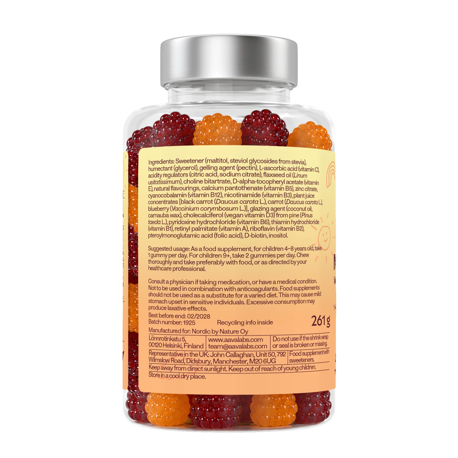 Retro di un flacone di caramelle gommose multivitaminiche per bambini, che mostra informazioni nutrizionali e ingredienti.